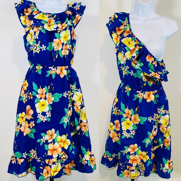 Vintage Blue Hawaiian Print Ruffle Wrap Dress Made in Hawaii Size L - Picture 1 of 11